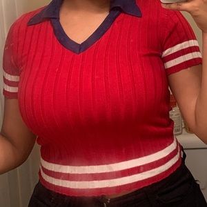 Red, Blue, and White v-neck with a collar